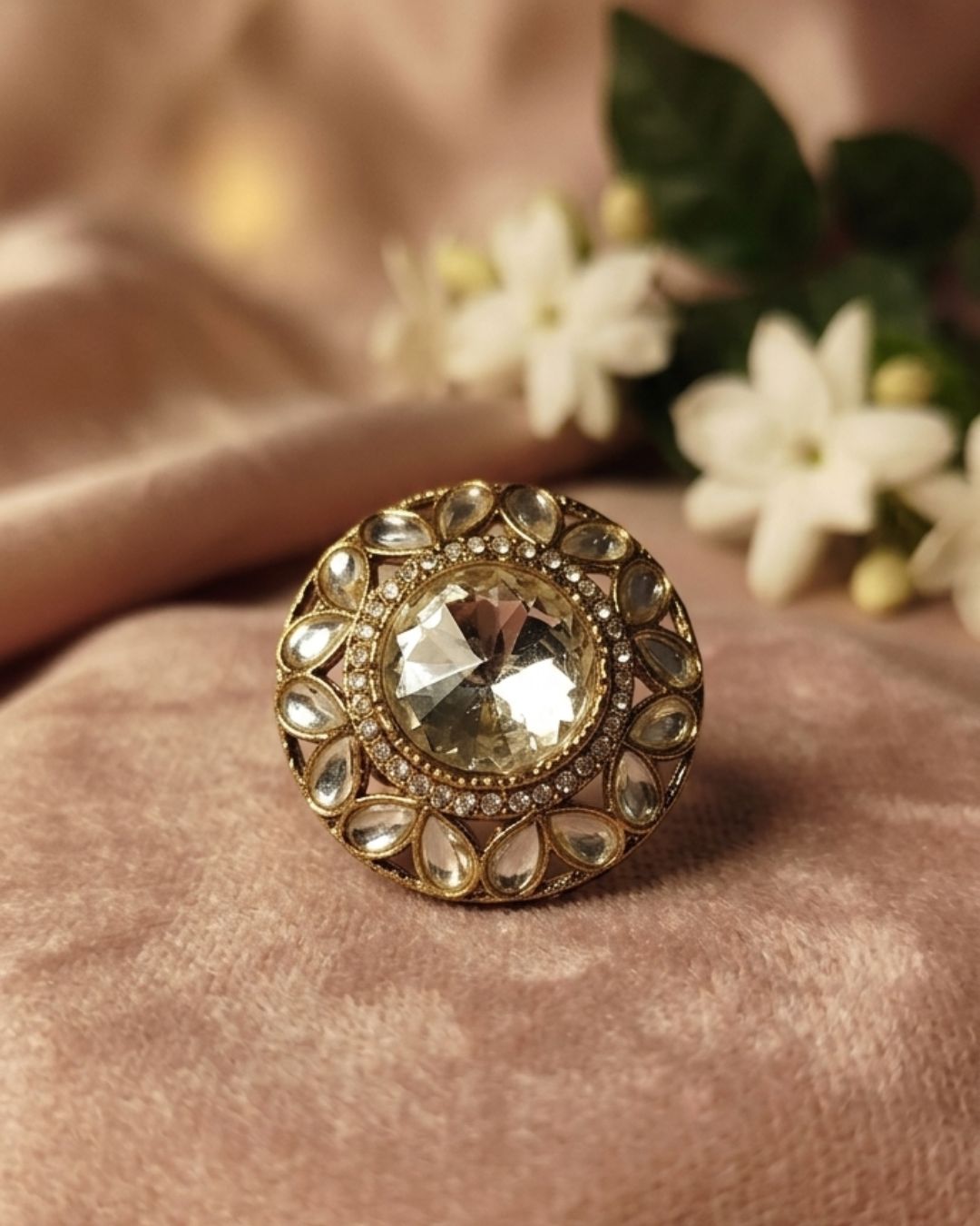 Royal Champagne Gold-Plated American Diamond Halo Ring