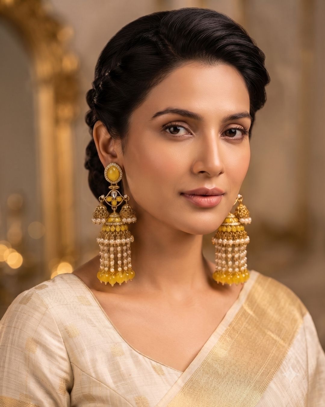 Royal yellow Pearl Drop Jhumka