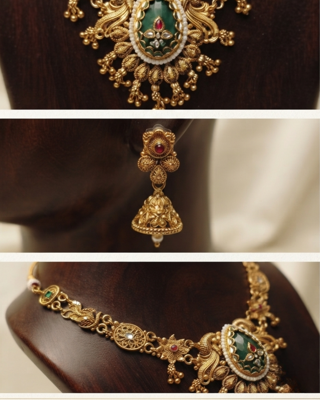 Emerald Green & Antique Gold Temple Jewellery Necklace Set