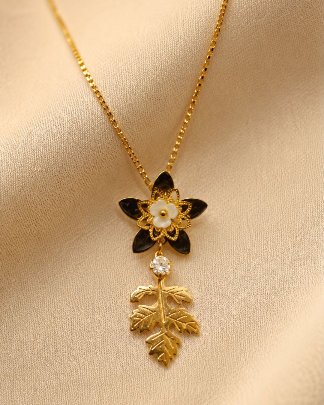 Gold-Plated Black Floral Pendant Necklace