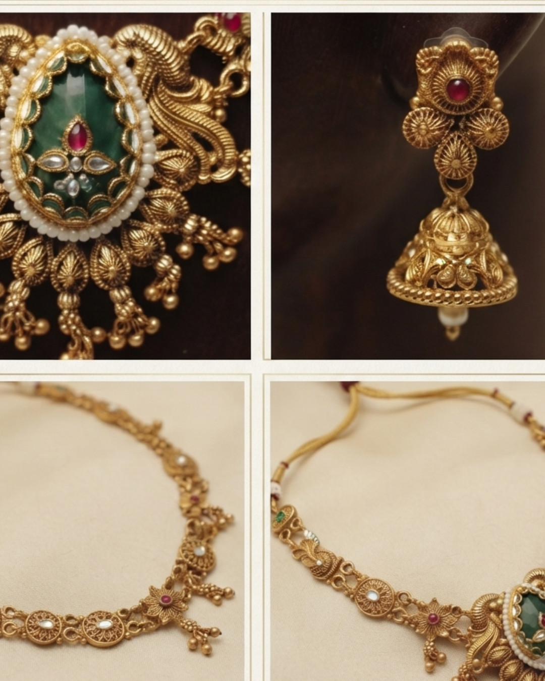 Emerald Green & Antique Gold Temple Jewellery Necklace Set