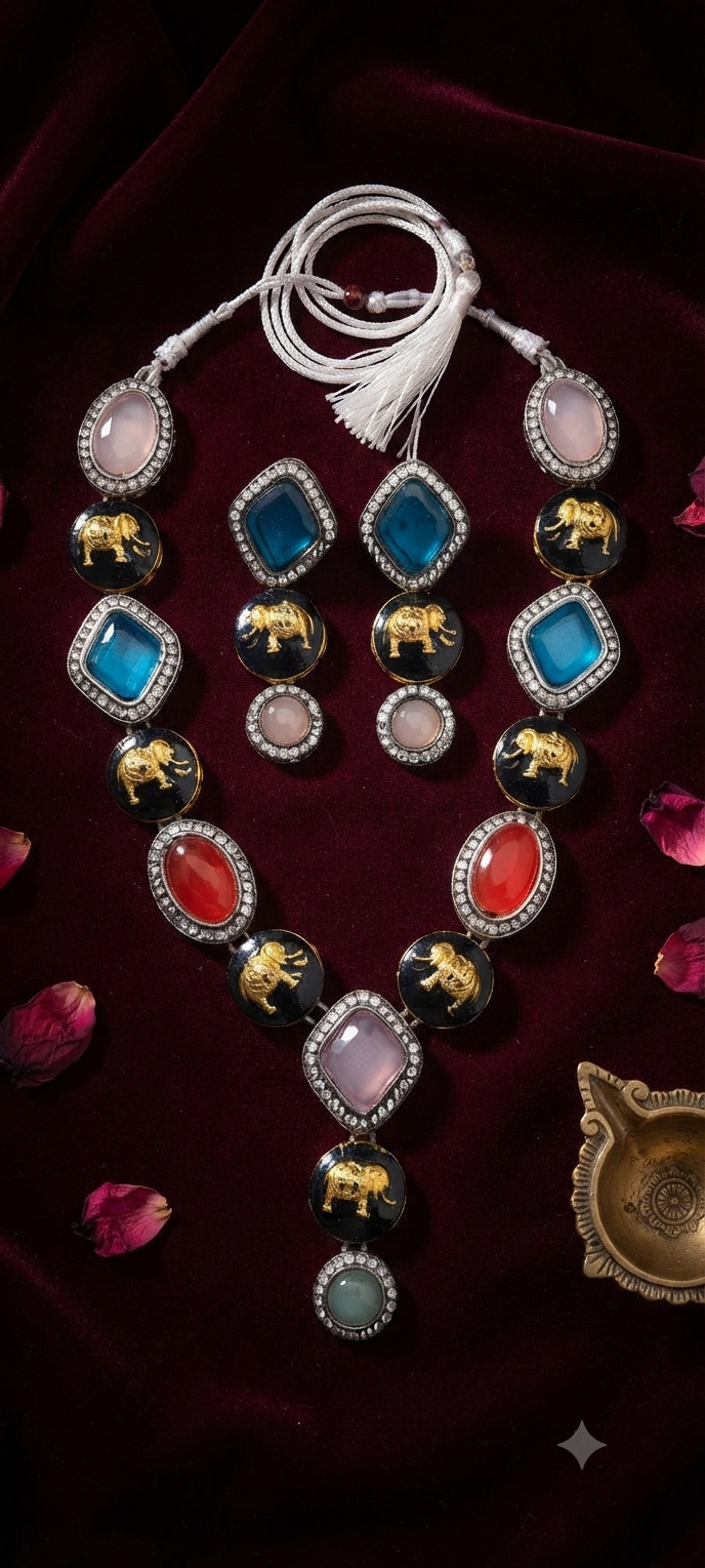 Sabyasachi Inspired Multicolor Gemstone Necklace & Earrings Set