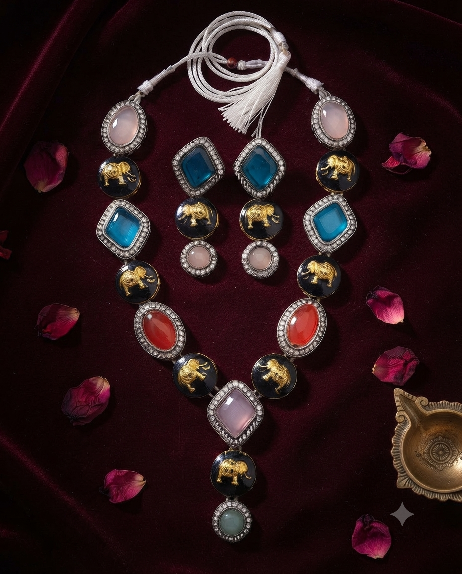 Sabyasachi Inspired Multicolor Gemstone Necklace & Earrings Set
