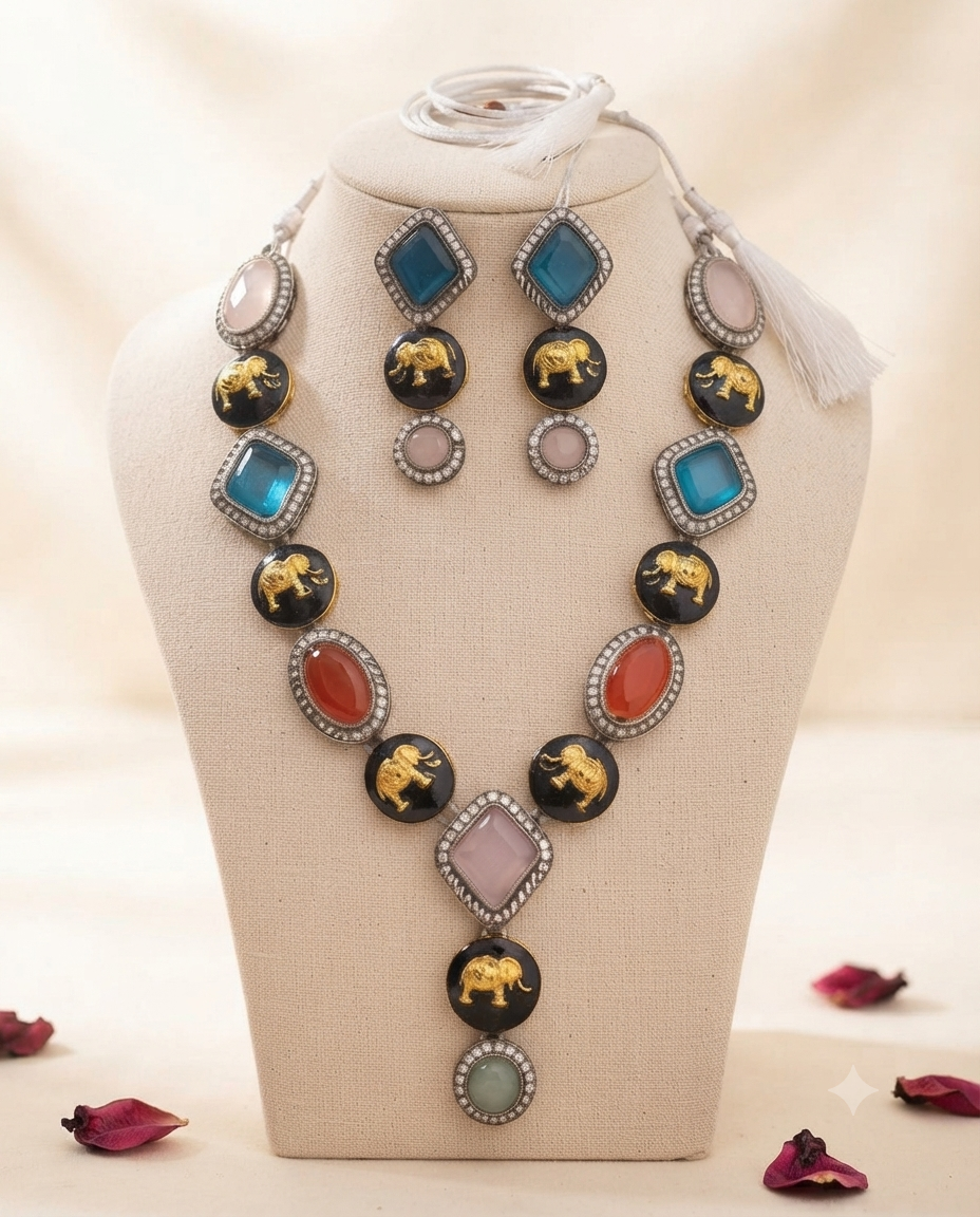 Sabyasachi Inspired Multicolor Gemstone Necklace & Earrings Set