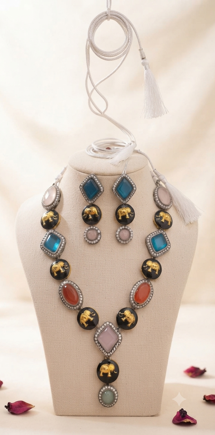 Sabyasachi Inspired Multicolor Gemstone Necklace & Earrings Set