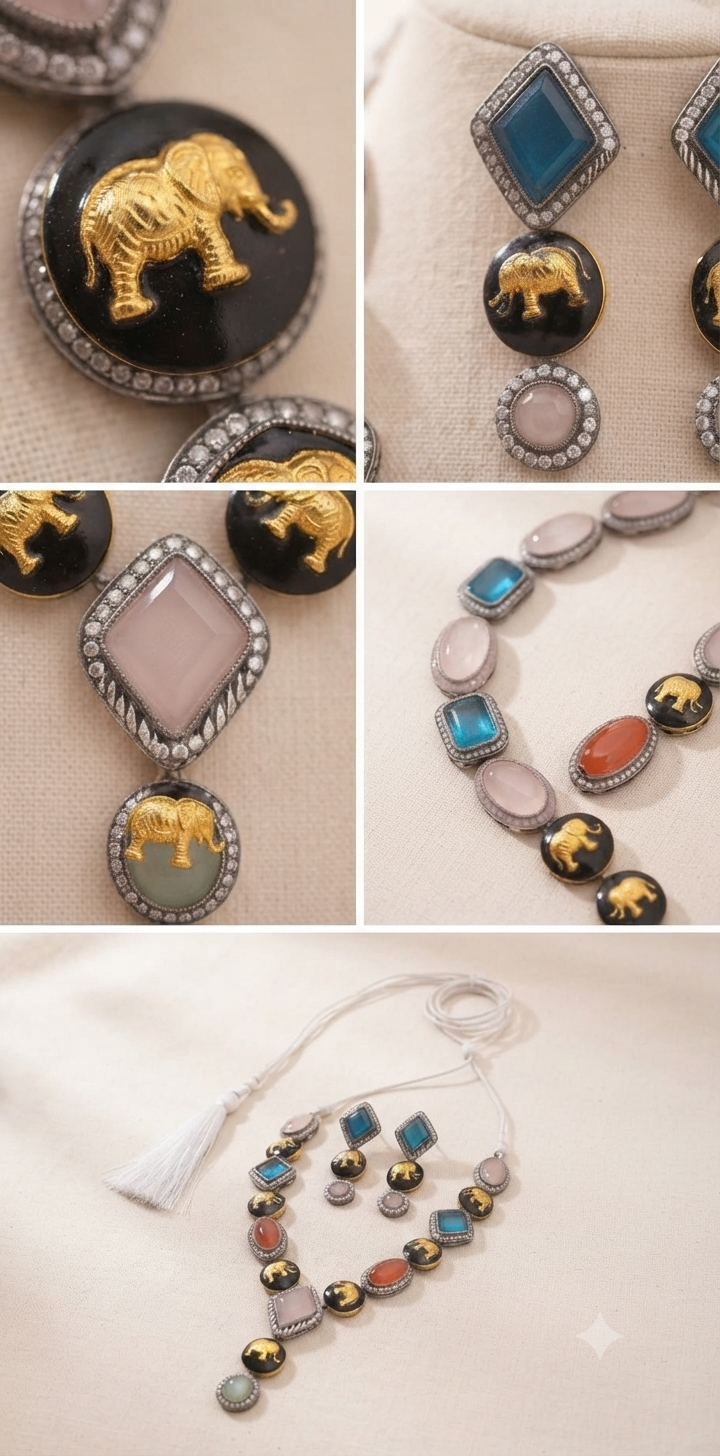 Sabyasachi Inspired Multicolor Gemstone Necklace & Earrings Set