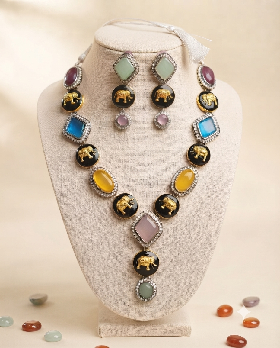 Sabyasachi Inspired Gemstone Necklace & Earrings Set