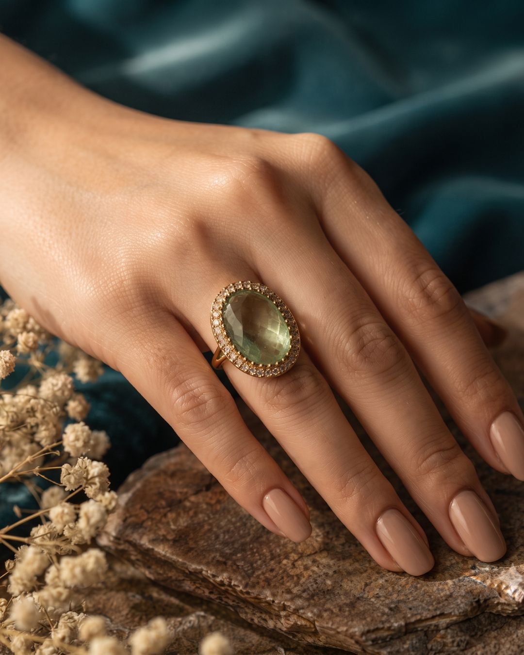 Royal Mint Green Gold-Plated American Diamond Halo Ring