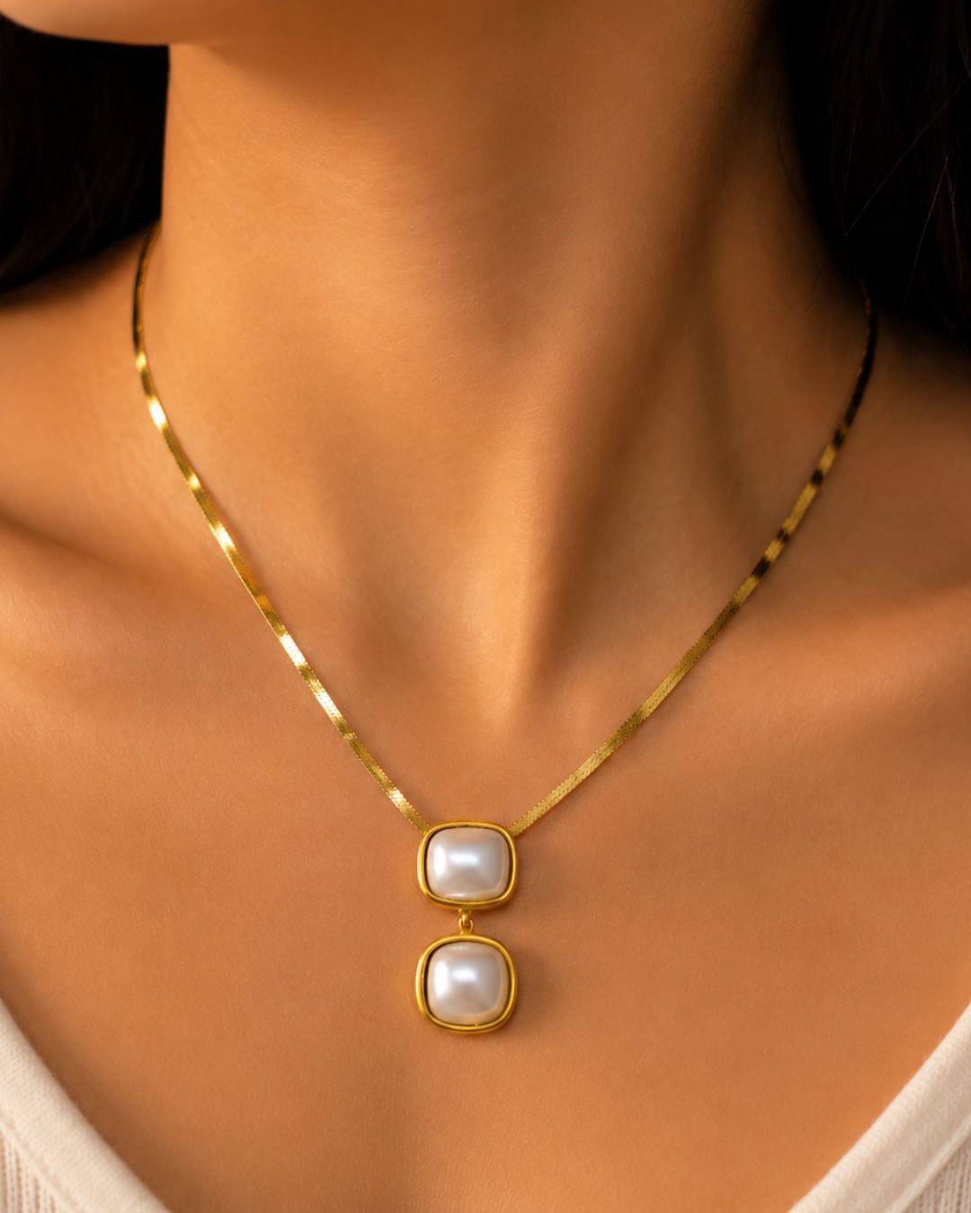 Gold-Plated Double Pearl Pendant Necklace