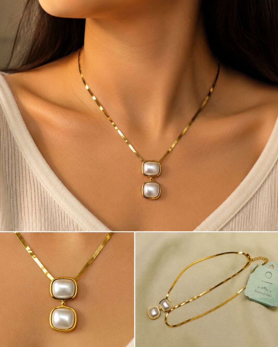 Gold-Plated Double Pearl Pendant Necklace
