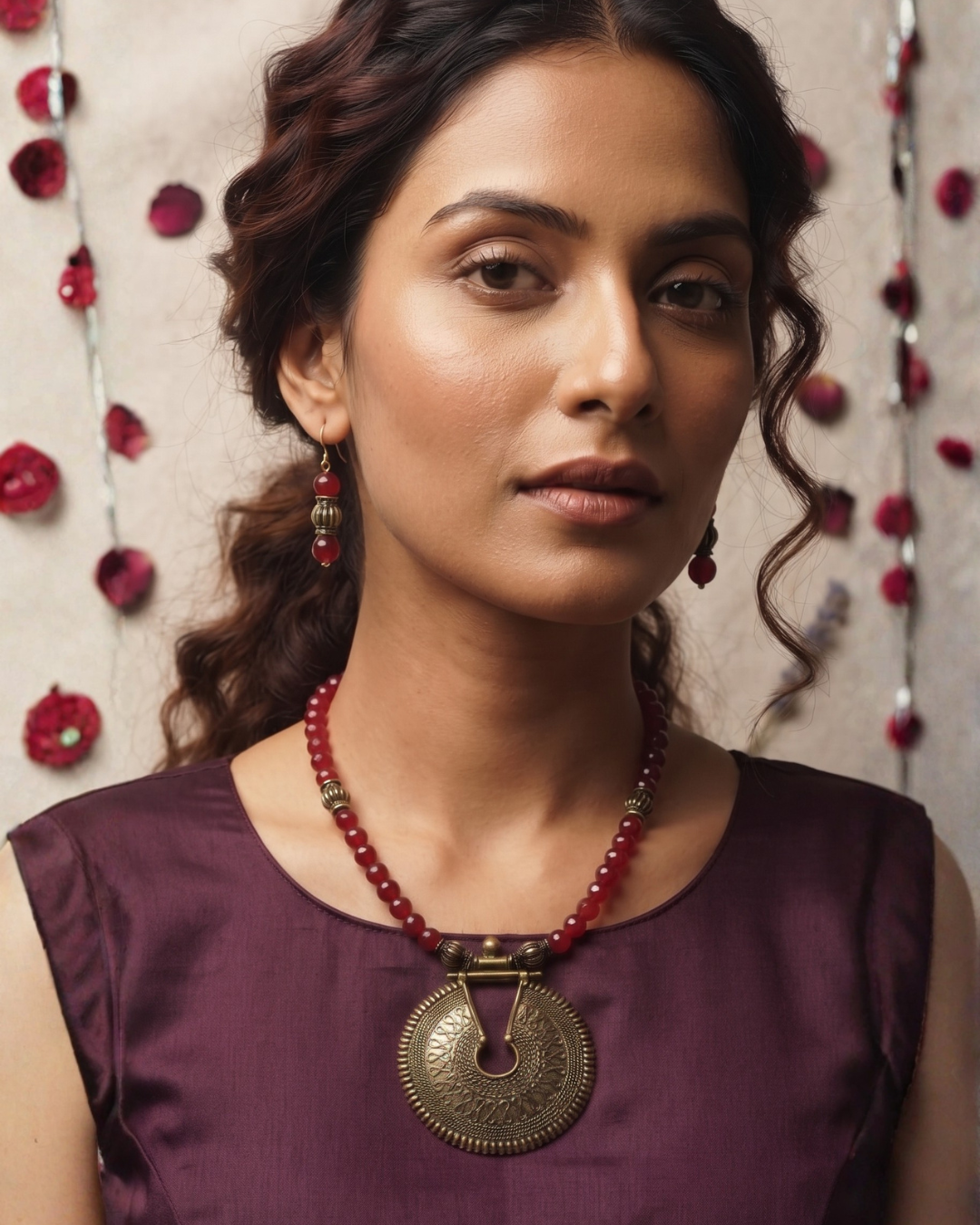 Antique Gold Pendant Necklace with Red Beads