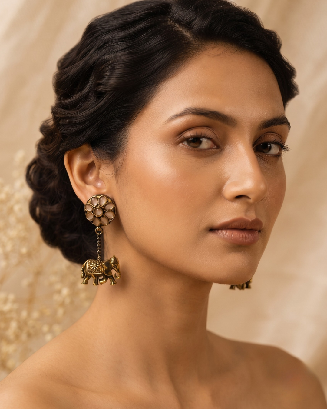Royal Antique Gold Floral Elephant Charm Dangle Earrings