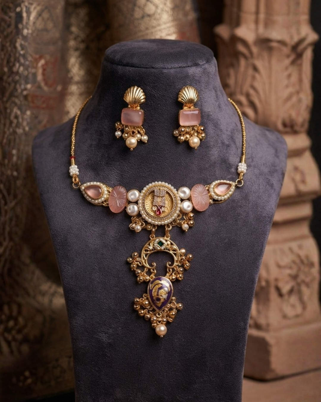 Blush Pink & Antique Gold Kundan Statement Necklace Set