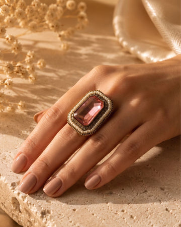 Royal Blush Pink Gold-Plated American Diamond Halo Ring