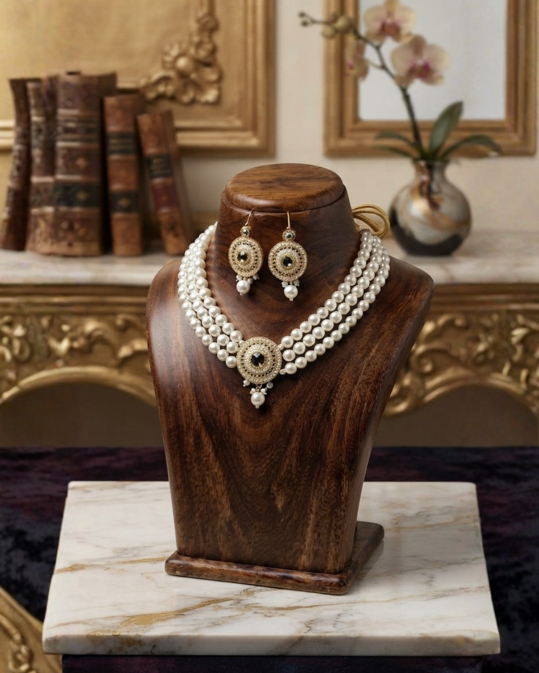 Pearl White & Antique Gold Layered Pearl Necklace Set