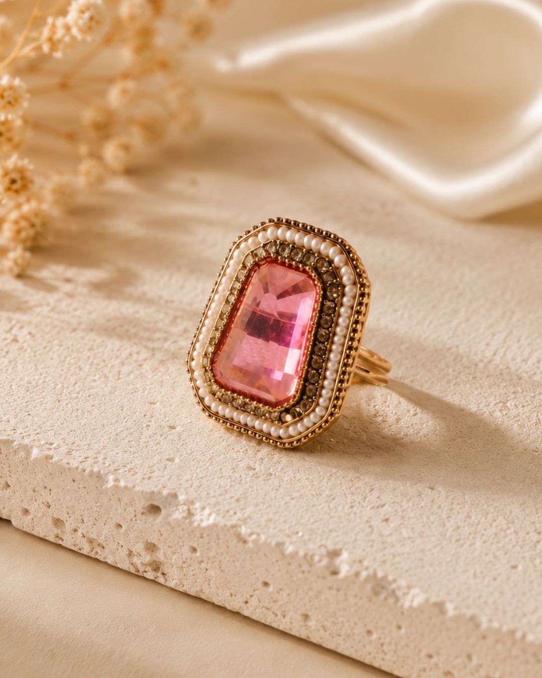 Royal Blush Pink Gold-Plated American Diamond Halo Ring
