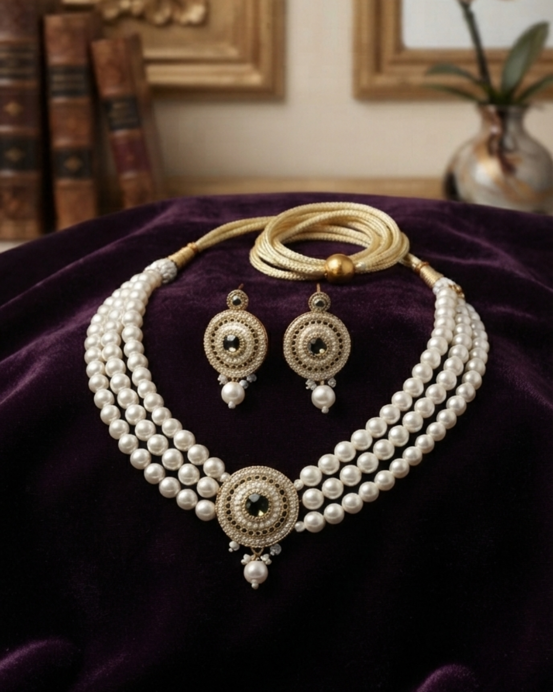 Pearl White & Antique Gold Layered Pearl Necklace Set