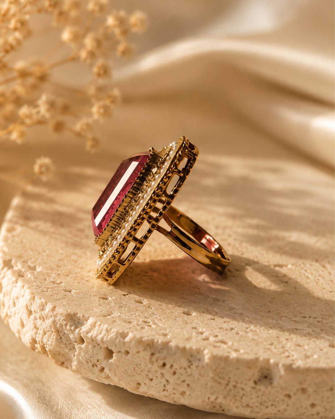 Royal Blush Pink Gold-Plated American Diamond Halo Ring