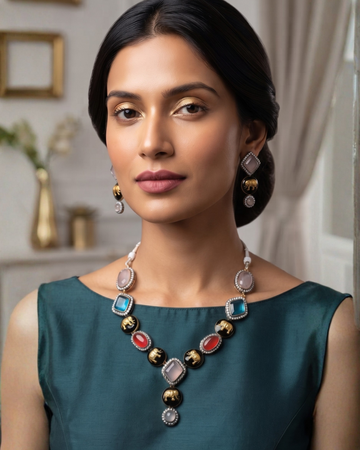 Sabyasachi Inspired Multicolor Gemstone Necklace & Earrings Set