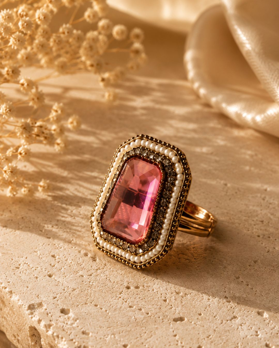 Royal Blush Pink Gold-Plated American Diamond Halo Ring
