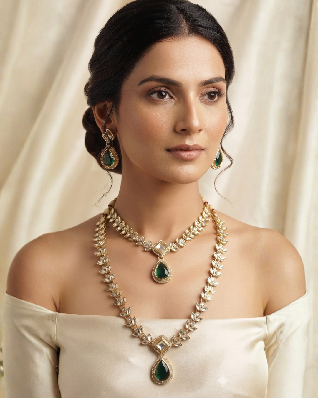 Royal Emerald Green Gold-Plated Bridal Necklace Set with Matching Earrings