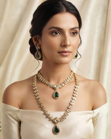 Royal Emerald Green Gold-Plated Bridal Necklace Set with Matching Earrings
