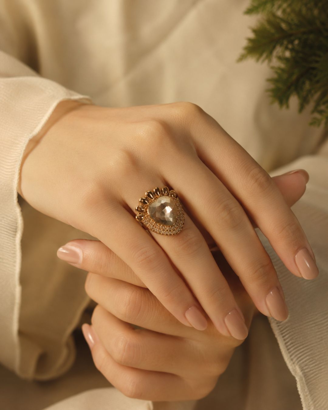 Royal Champagne Gold-Plated American Diamond Halo Ring