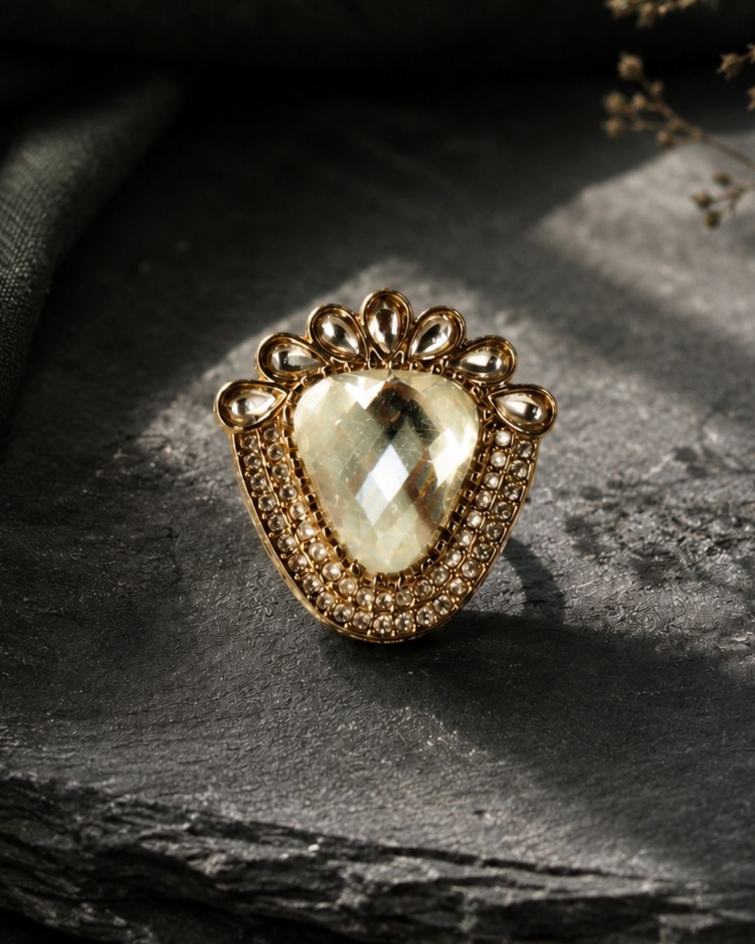 Royal Champagne Gold-Plated American Diamond Halo Ring