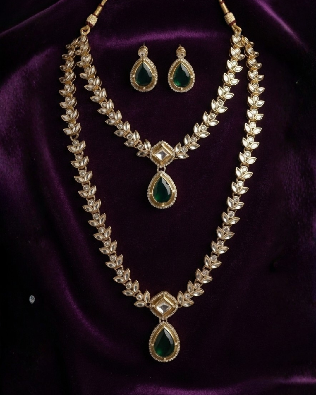 Royal Emerald Green Gold-Plated Bridal Necklace Set with Matching Earrings