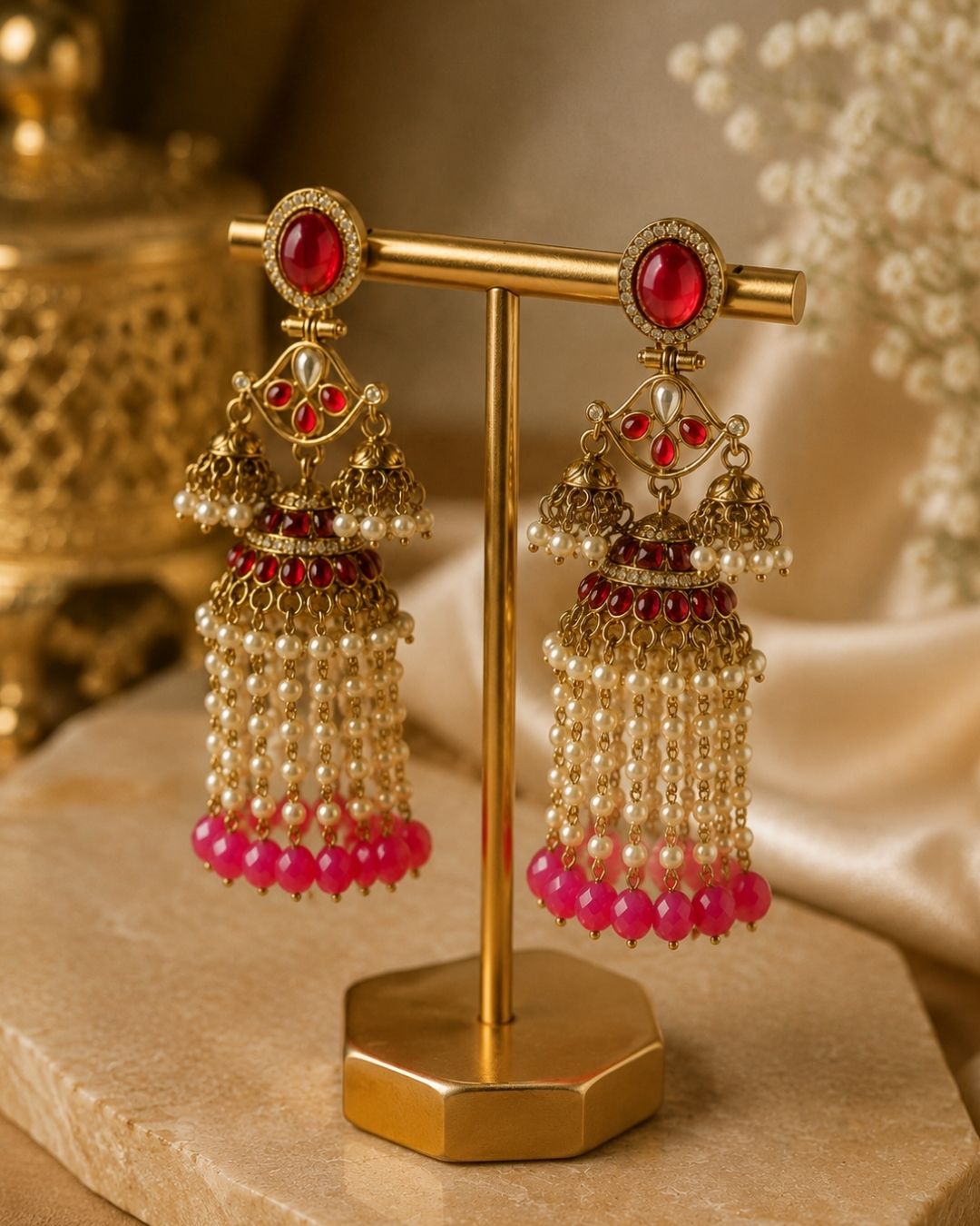 Royal pink Pearl Drop Jhumka