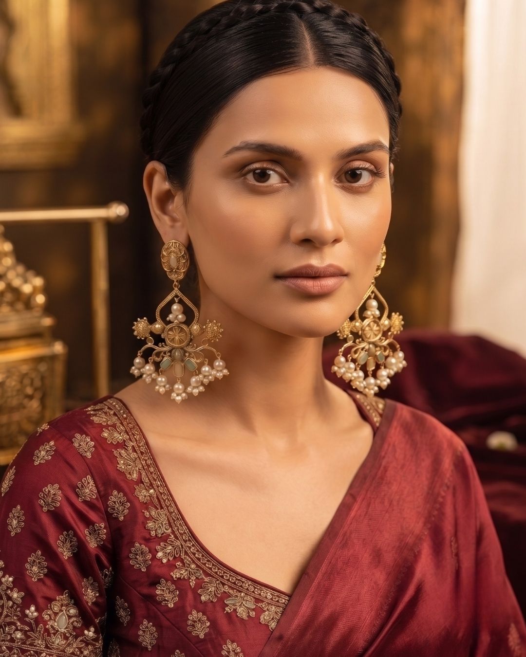 Noor Mahal Antique Gold & Pearl Floral Chandelier Earrings