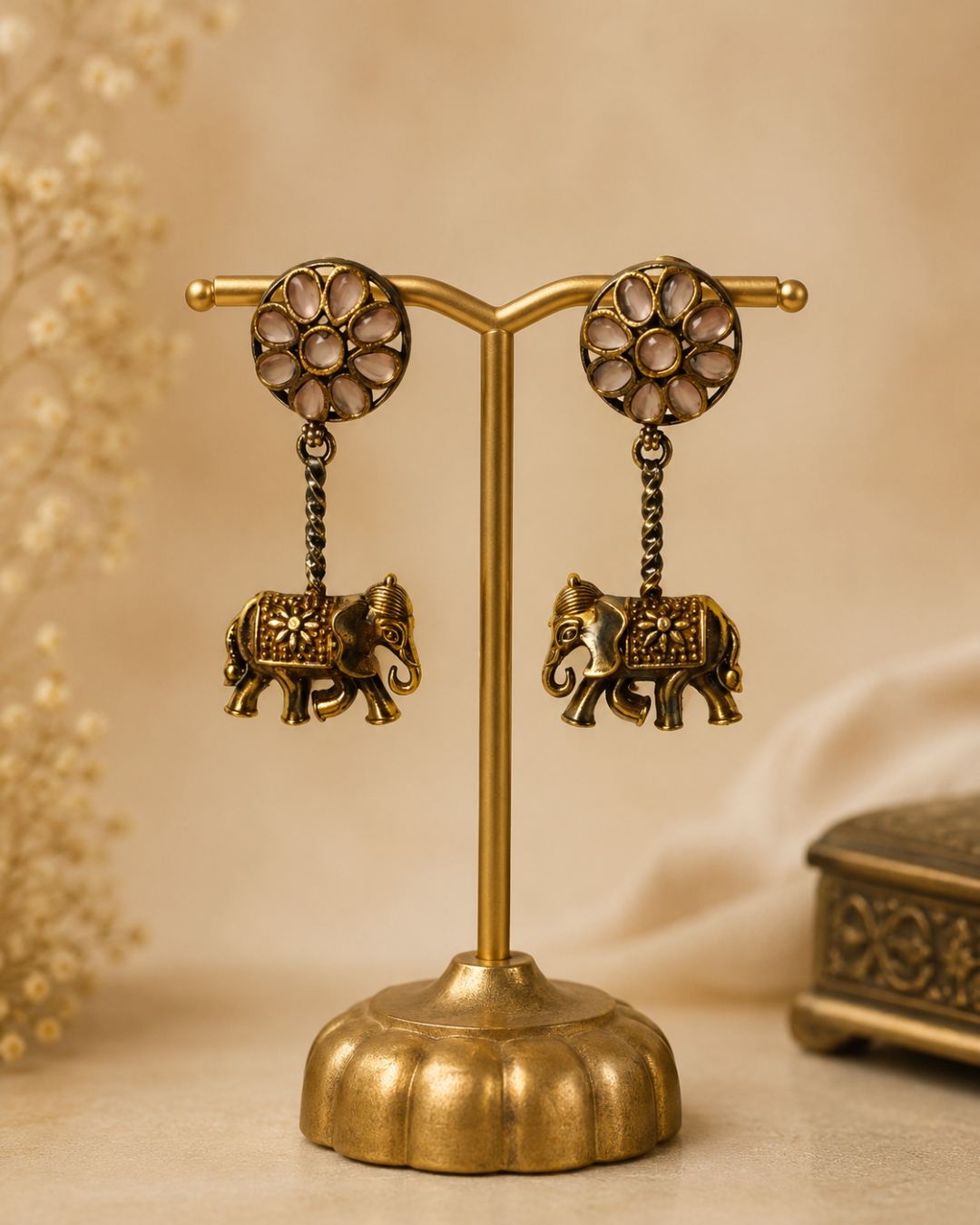 Royal Antique Gold Floral Elephant Charm Dangle Earrings