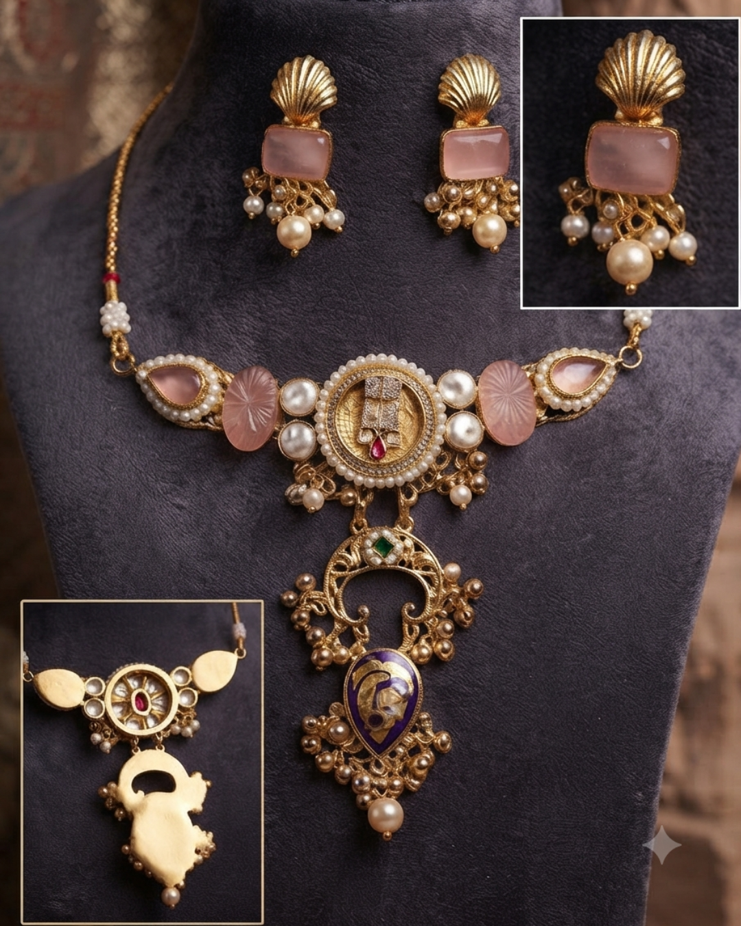 Blush Pink & Antique Gold Kundan Statement Necklace Set