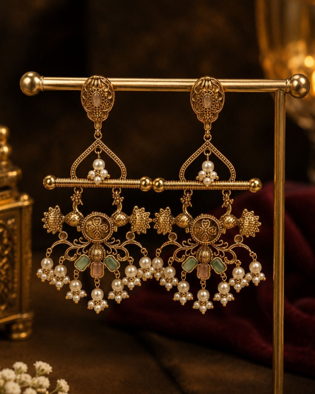 Noor Mahal Antique Gold & Pearl Floral Chandelier Earrings