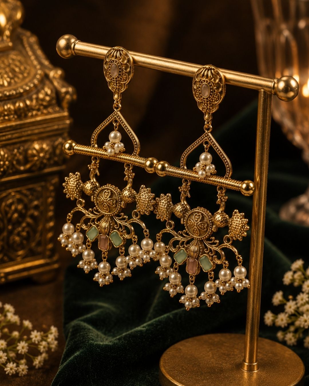 Noor Mahal Antique Gold & Pearl Floral Chandelier Earrings