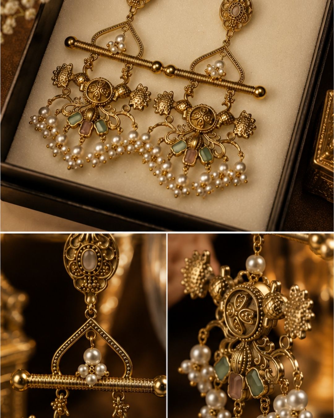 Noor Mahal Antique Gold & Pearl Floral Chandelier Earrings
