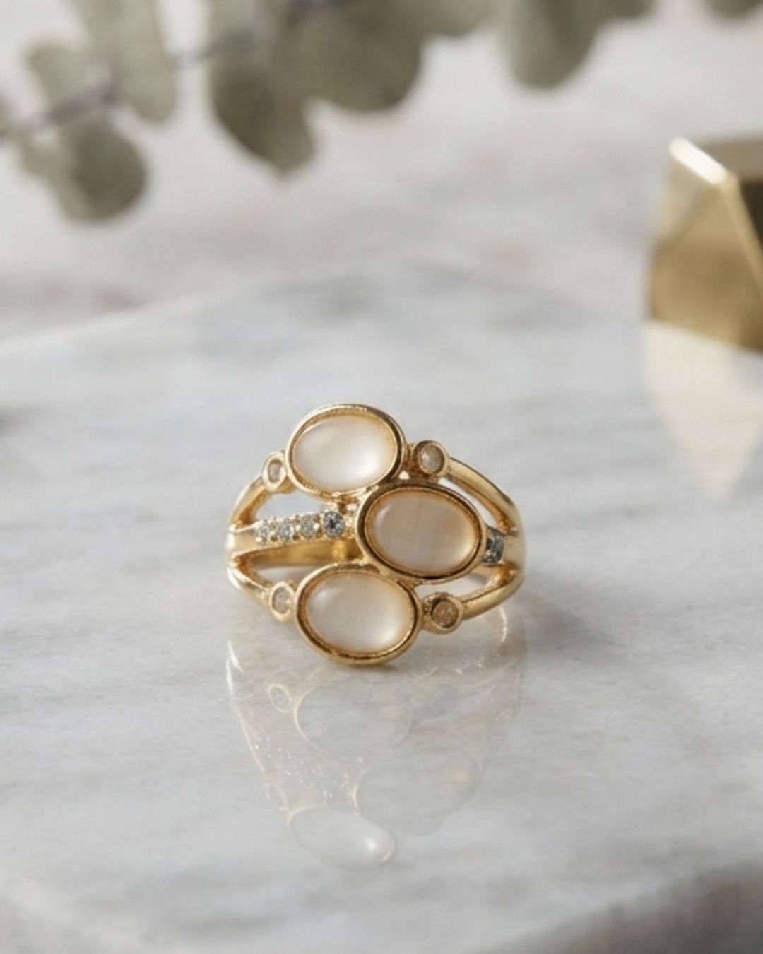Gold-Plated Crystal Leaf Statement Ring