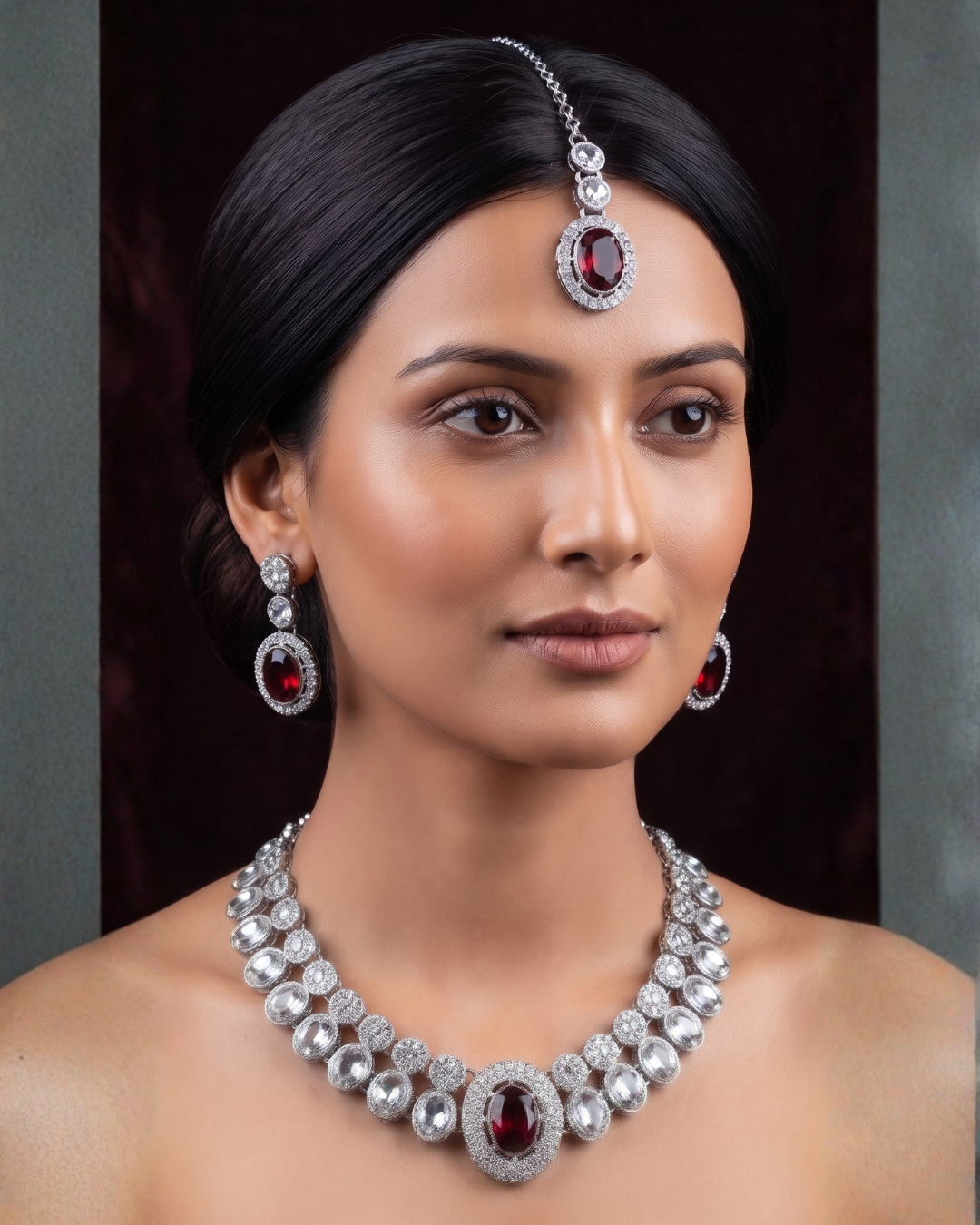 Royal Ruby Red Silver-Plated Bridal Necklace Set with Matching Earrings