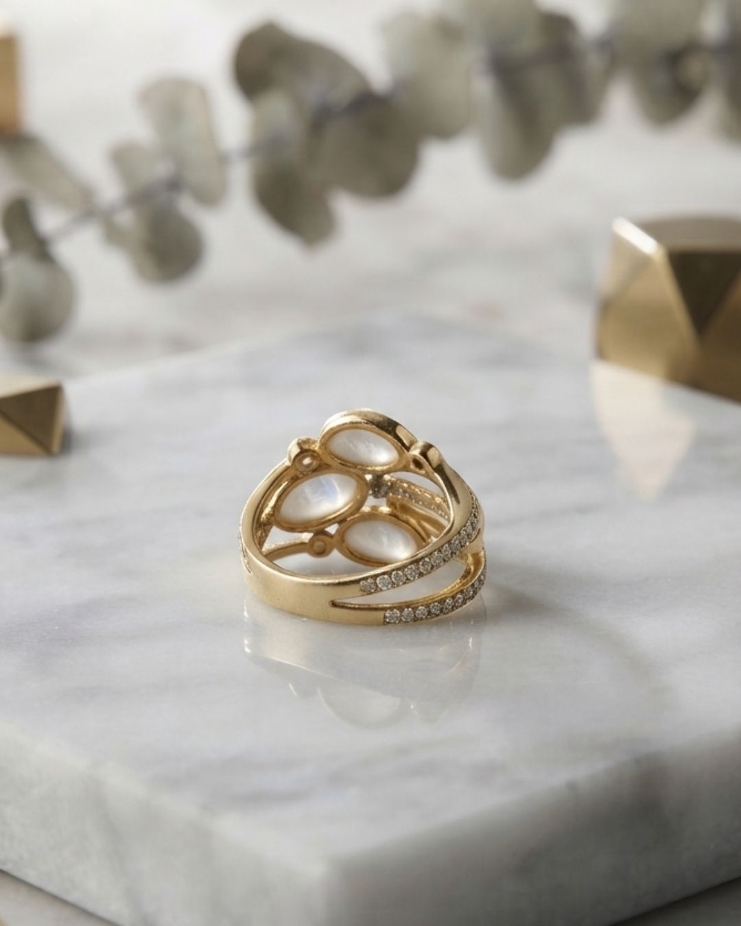 Gold-Plated Crystal Leaf Statement Ring