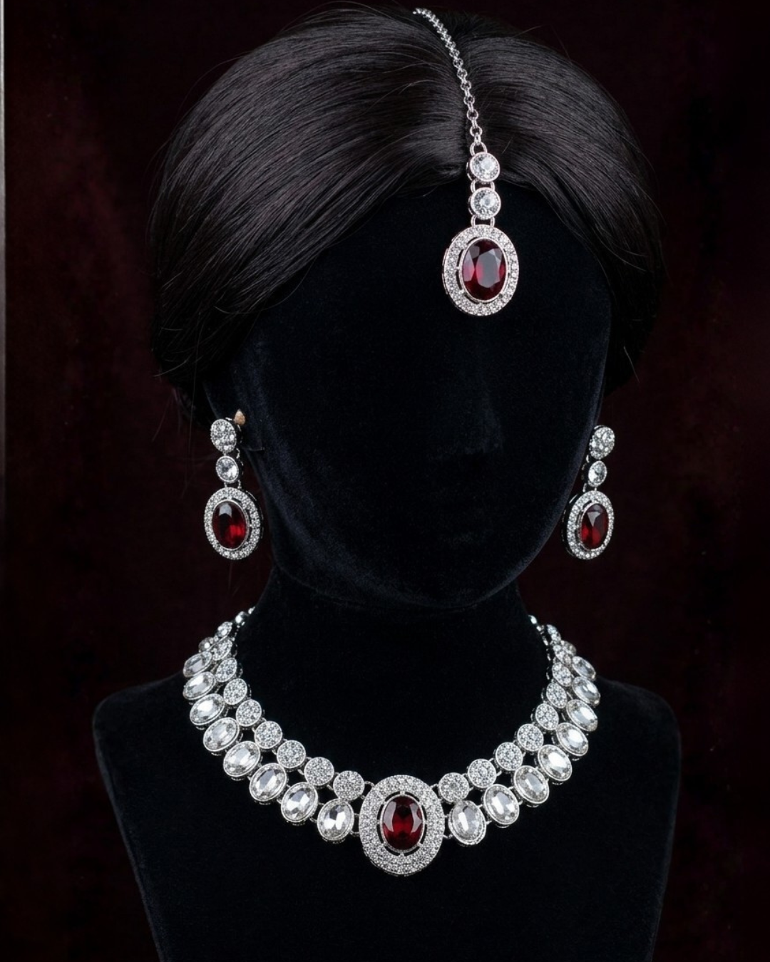 Royal Ruby Red Silver-Plated Bridal Necklace Set with Matching Earrings