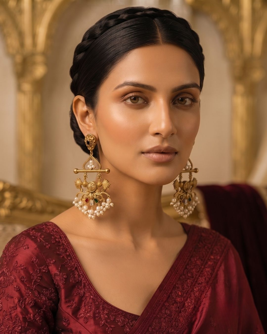 Noor Mahal Antique Gold & Pearl Floral dark Chandelier Earrings