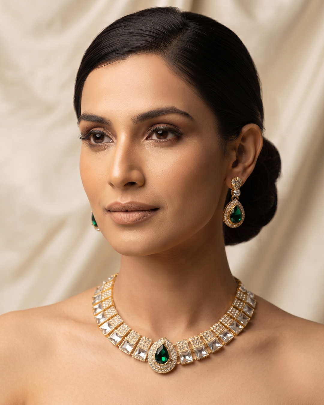Royal Emerald Green Gold-Plated CZ Necklace & Earrings Set
