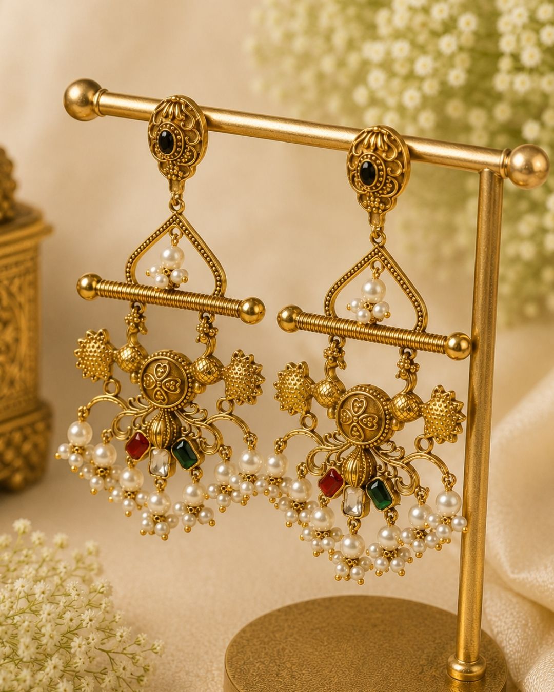 Noor Mahal Antique Gold & Pearl Floral dark Chandelier Earrings