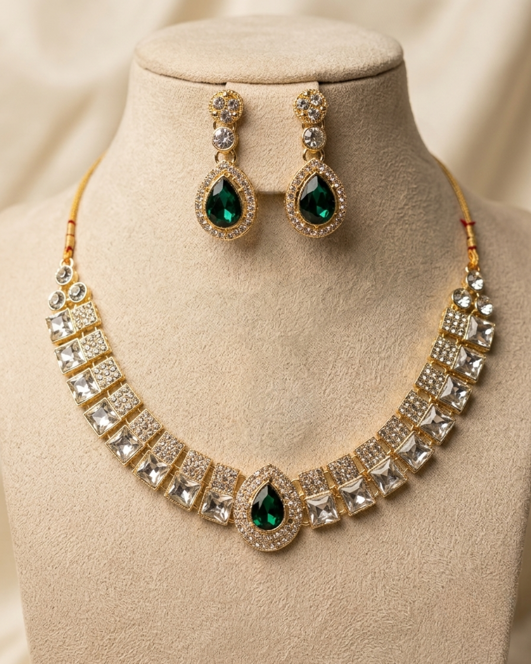 Royal Emerald Green Gold-Plated CZ Necklace & Earrings Set