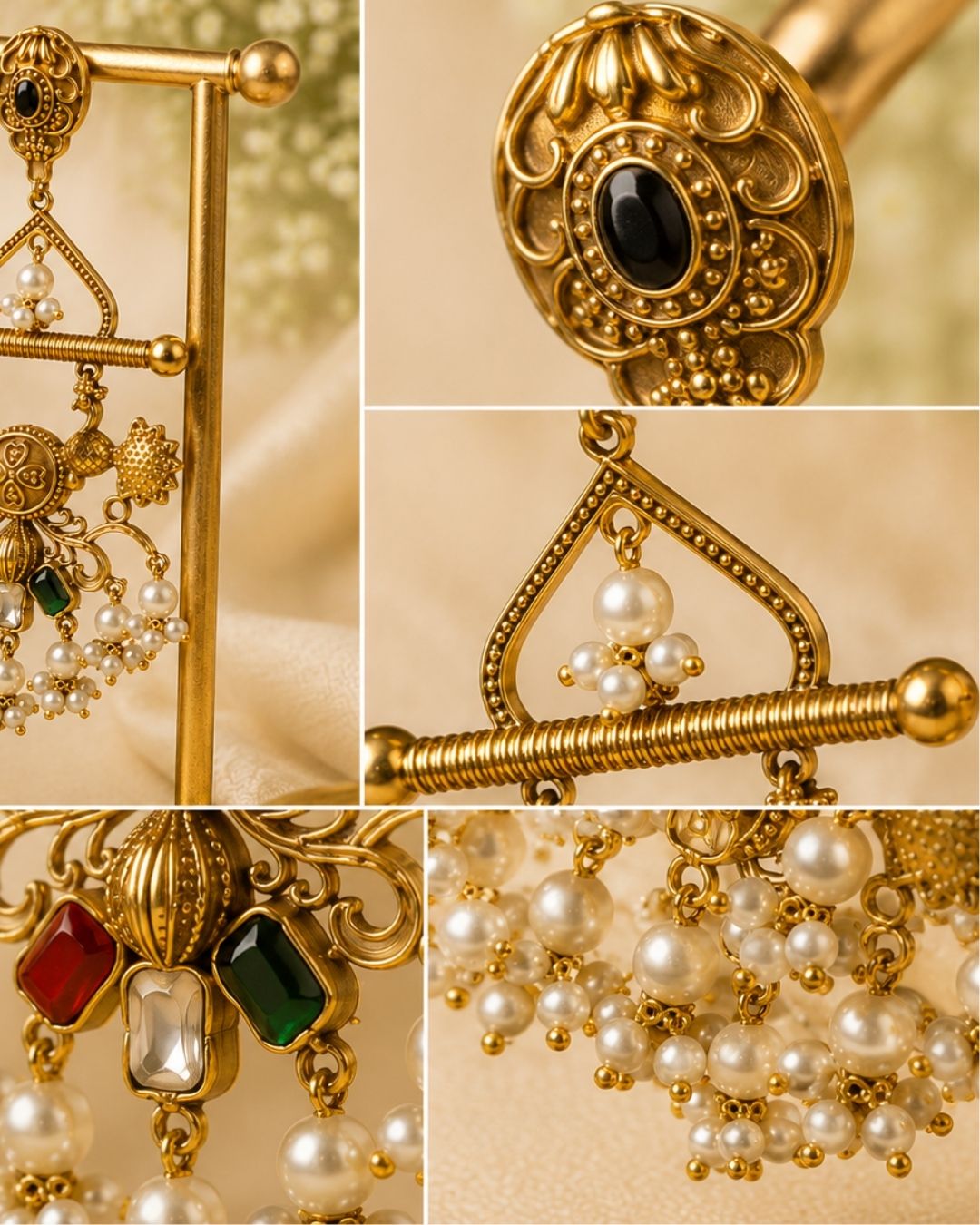 Noor Mahal Antique Gold & Pearl Floral dark Chandelier Earrings