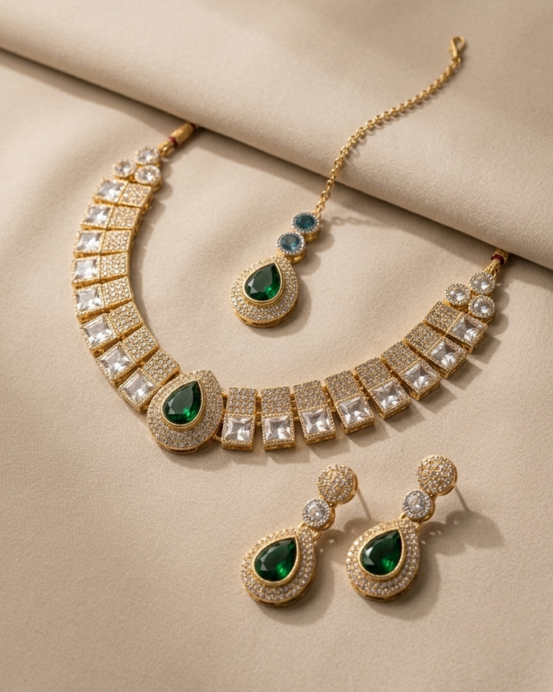 Royal Emerald Green Gold-Plated CZ Necklace & Earrings Set