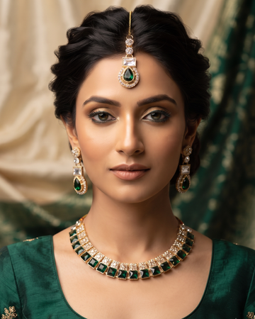 Royal Emerald Green Gold-Plated American Diamond Necklace & Earrings Set