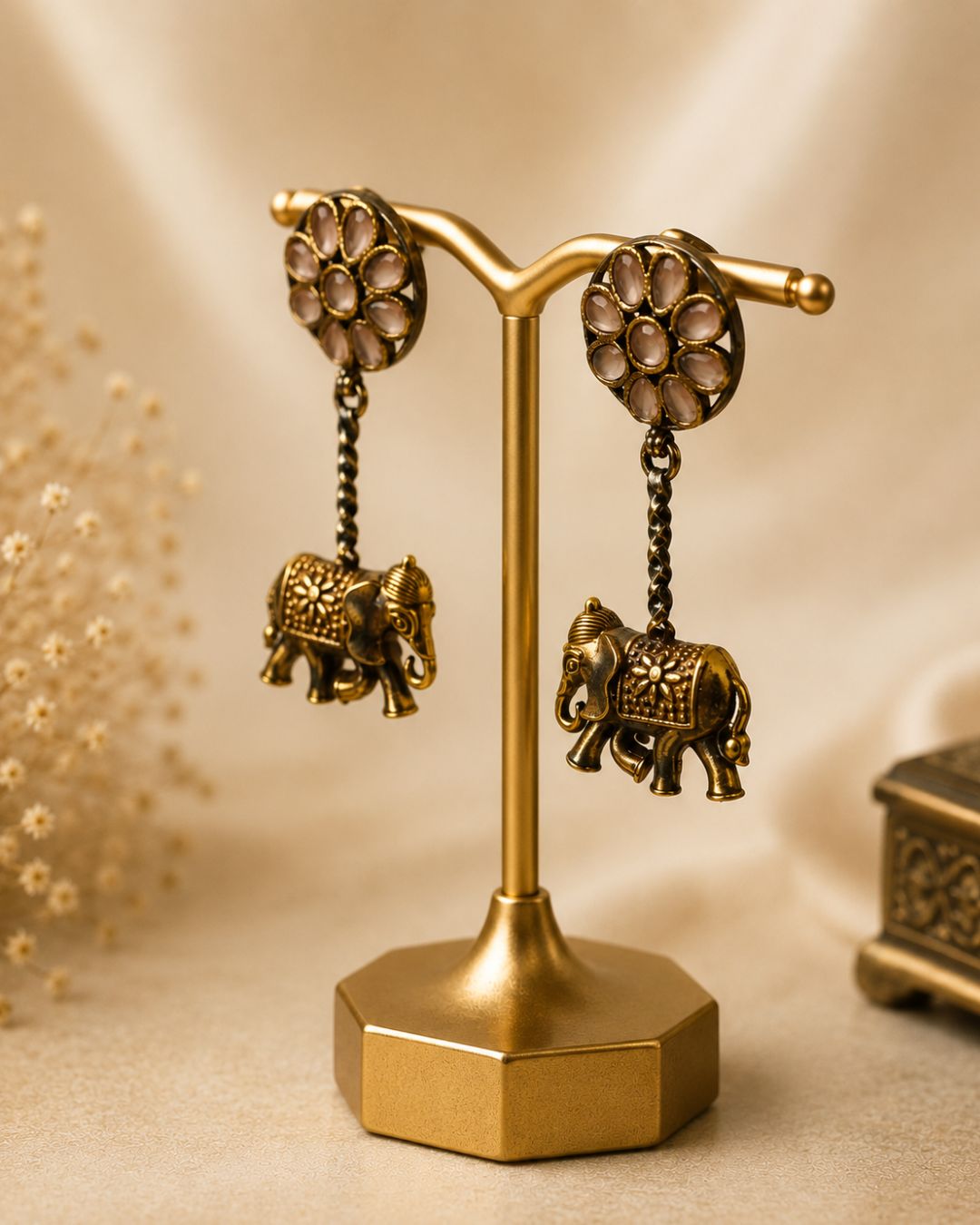 Royal Antique Gold Floral Elephant Charm Dangle Earrings