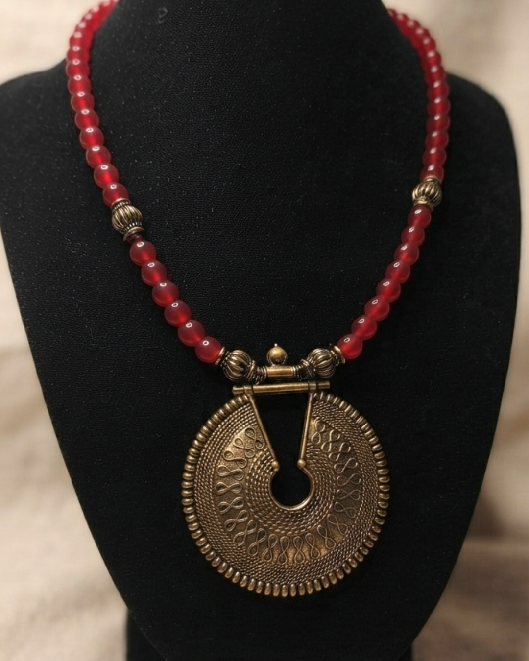 Antique Gold Pendant Necklace with Red Beads