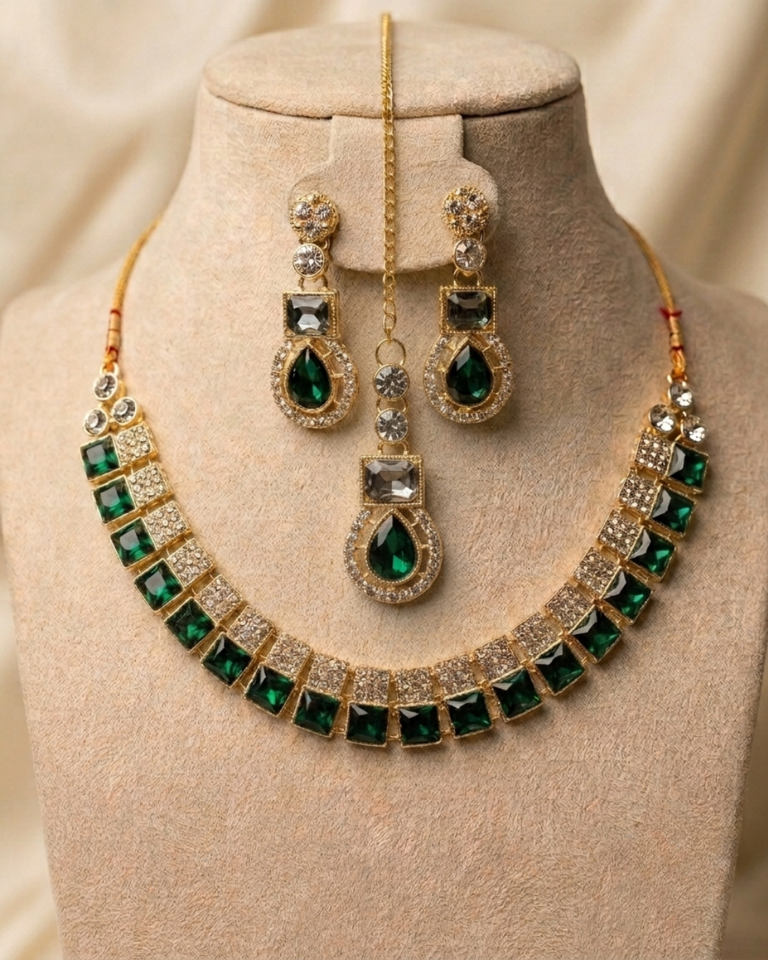 Royal Emerald Green Gold-Plated American Diamond Necklace & Earrings Set
